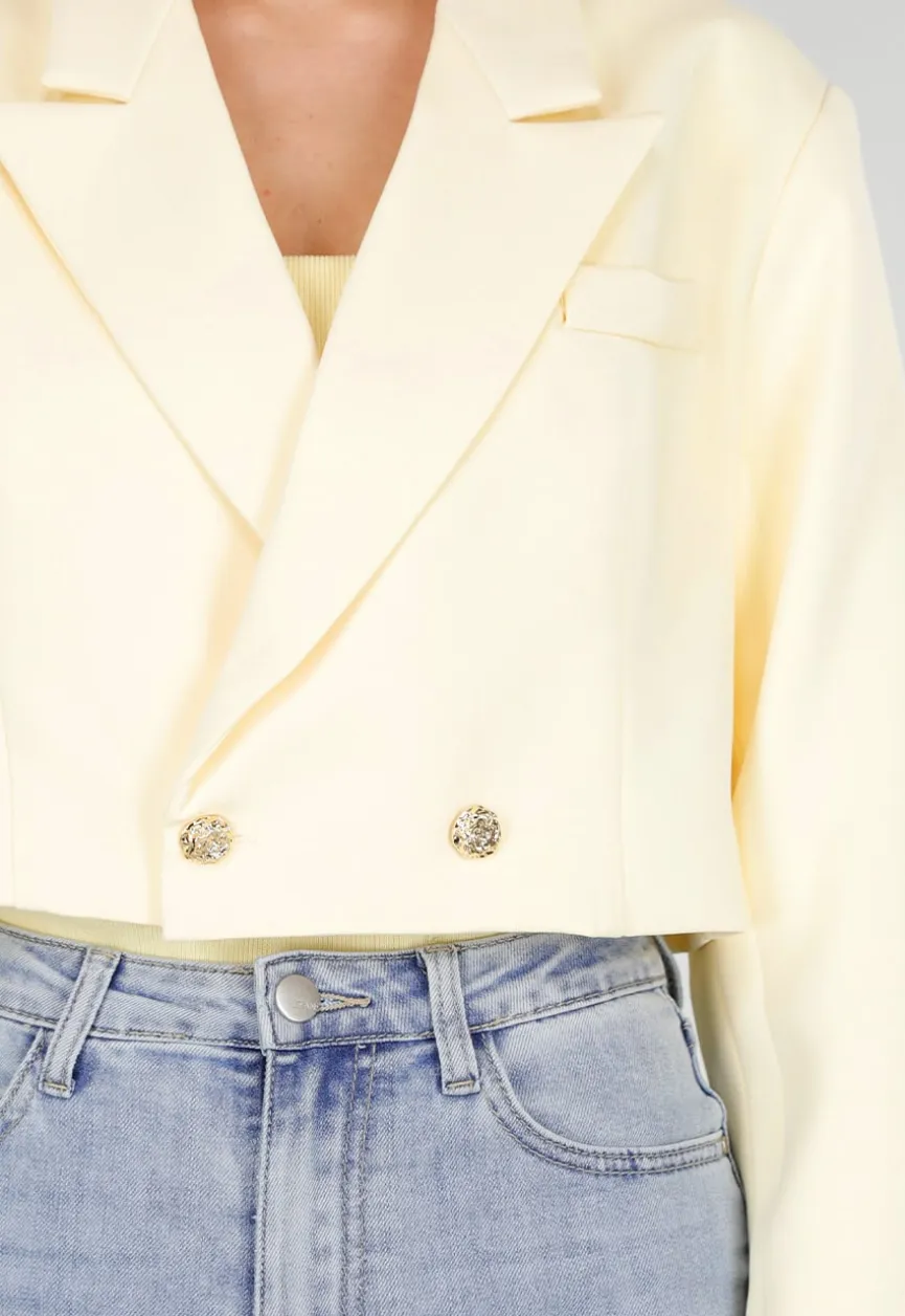 Butter Yellow Cropped Blazer met Gouden Strass Knopen