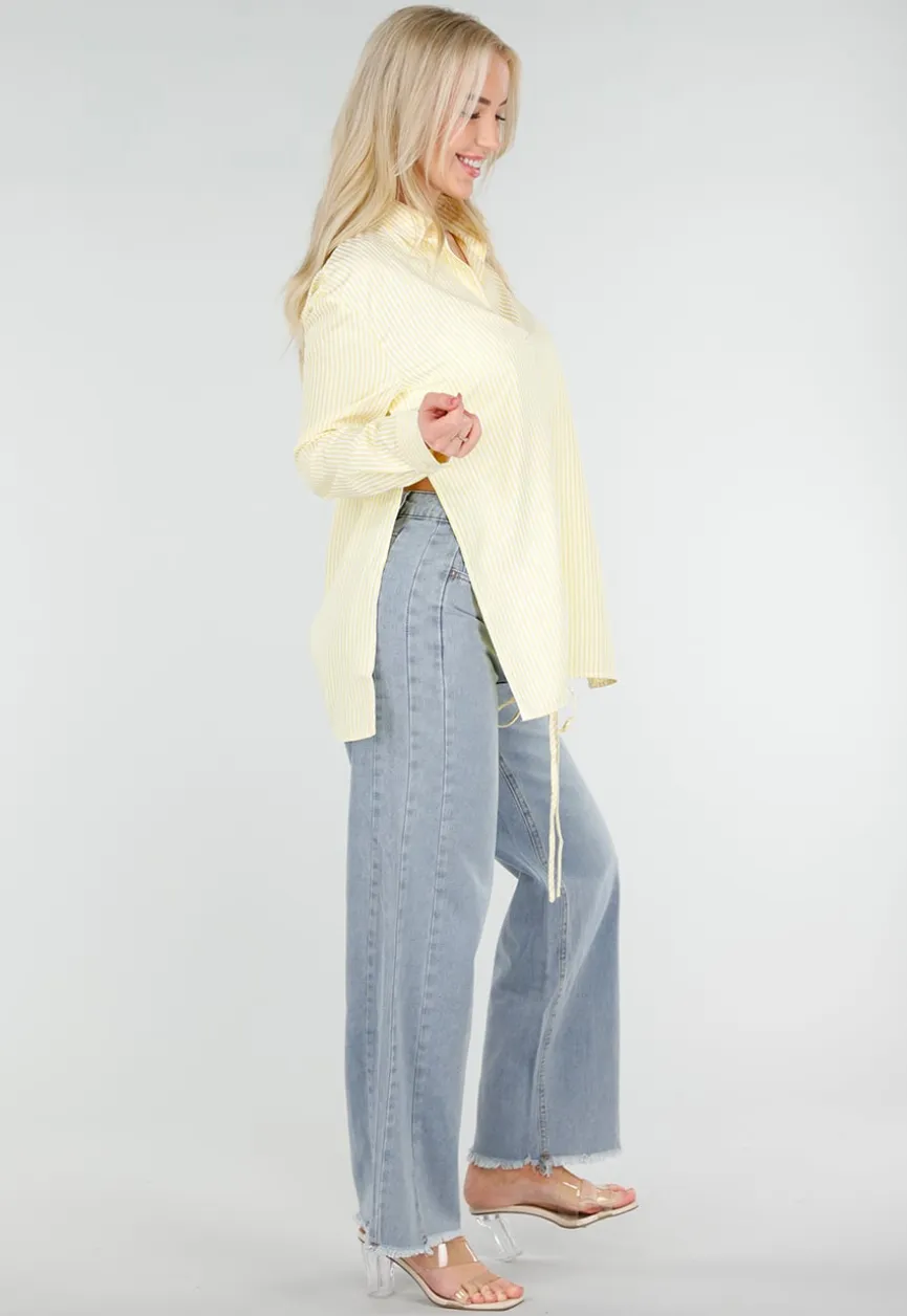 Butter Yellow Gestreepte Blouse met Lange Mouwen en Strikdetail