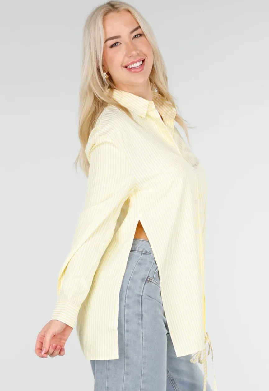Butter Yellow Gestreepte Blouse met Lange Mouwen en Strikdetail