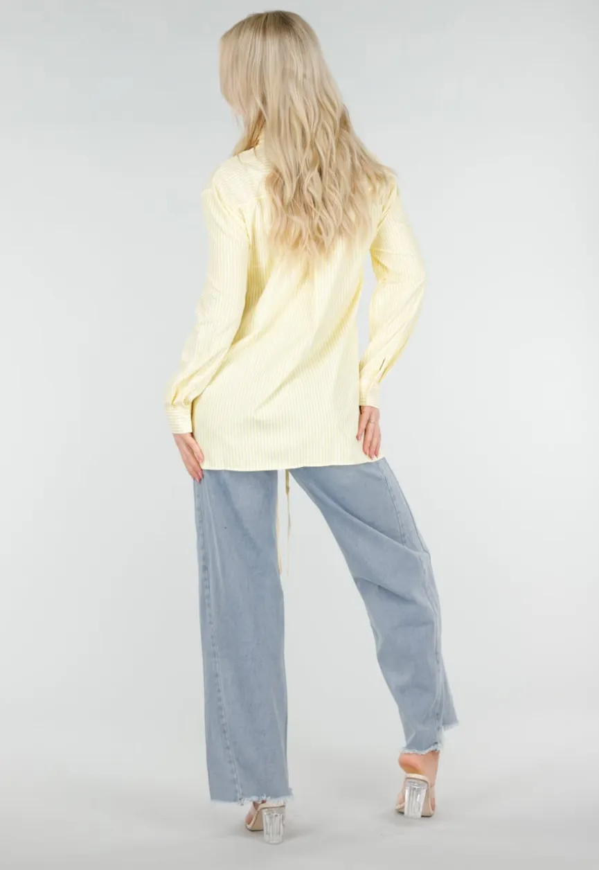 Butter Yellow Gestreepte Blouse met Lange Mouwen en Strikdetail