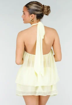 Butter Yellow Halter Jurk met Gelaagde Rok en Open Rug