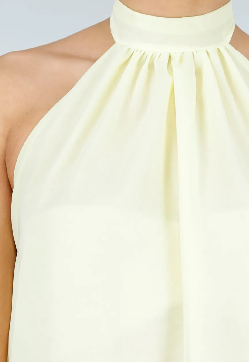 Butter Yellow Halter Jurk met Gelaagde Rok en Open Rug