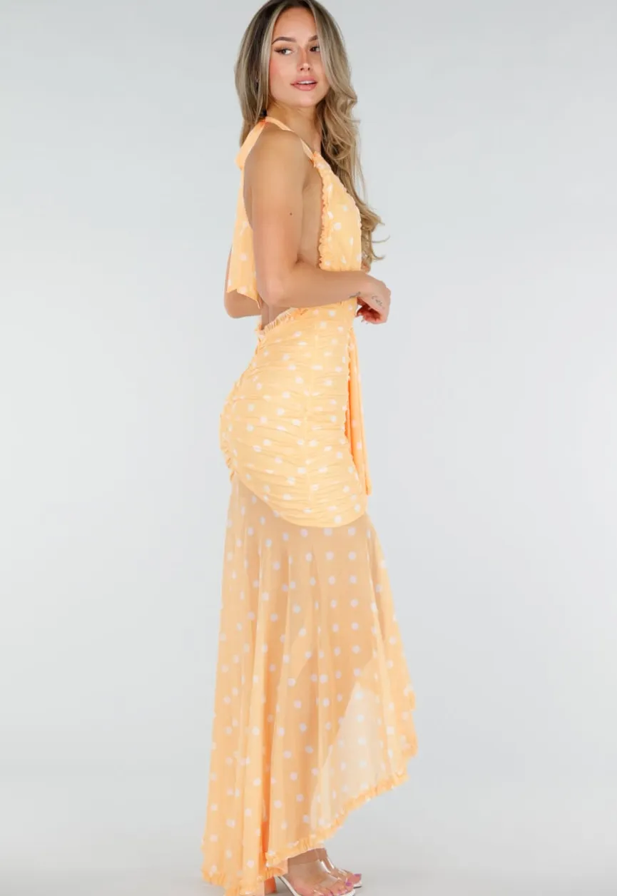 Butter Yellow Halter Maxi Jurk met Polkadot Print, Stretch en Mesh