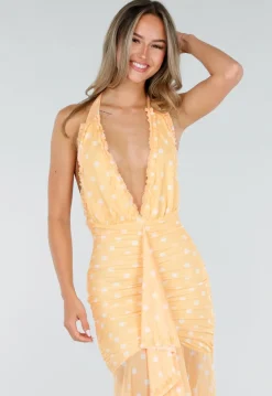 Butter Yellow Halter Maxi Jurk met Polkadot Print, Stretch en Mesh
