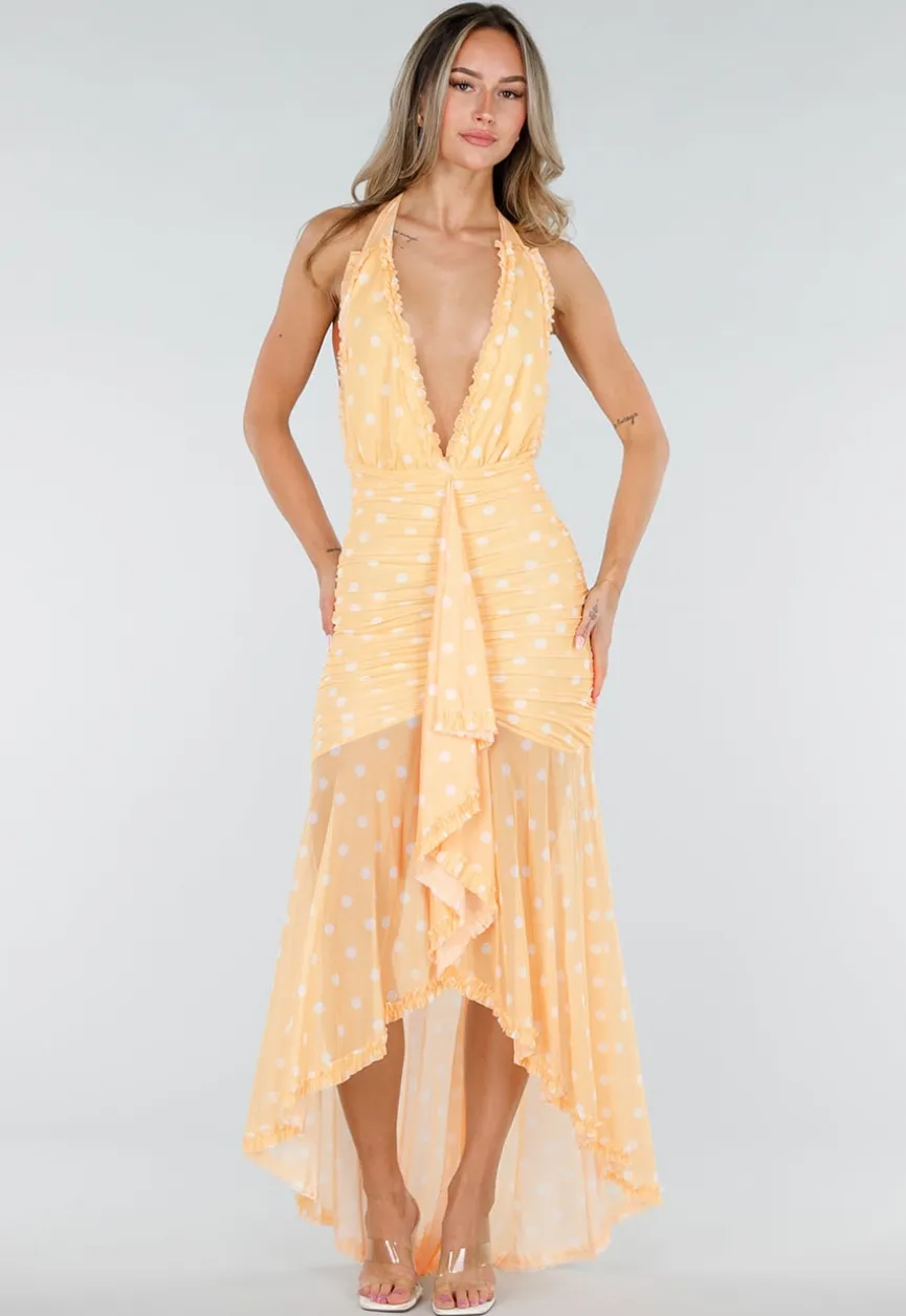 Butter Yellow Halter Maxi Jurk met Polkadot Print, Stretch en Mesh