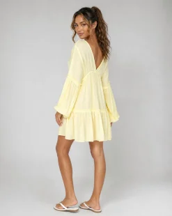 Butter Yellow Mousseline Mini Jurk met V-Hals en Volantzoom