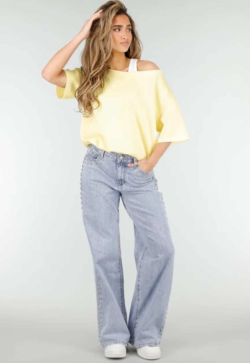 Butter Yellow One Shoulder Top met Ingewerkte Top en Stretch