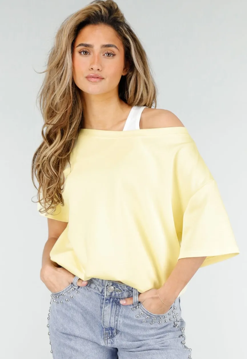Butter Yellow One Shoulder Top met Ingewerkte Top en Stretch