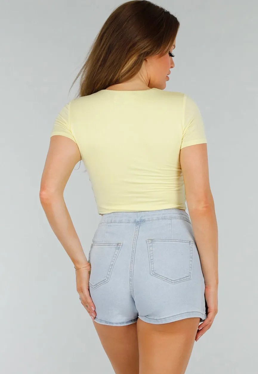 Butteryellow Stretch Cropped Top met Ronde Hals