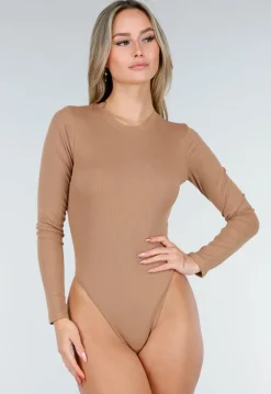 Camelbruine Rib Body met Lange Mouwen en Stretch