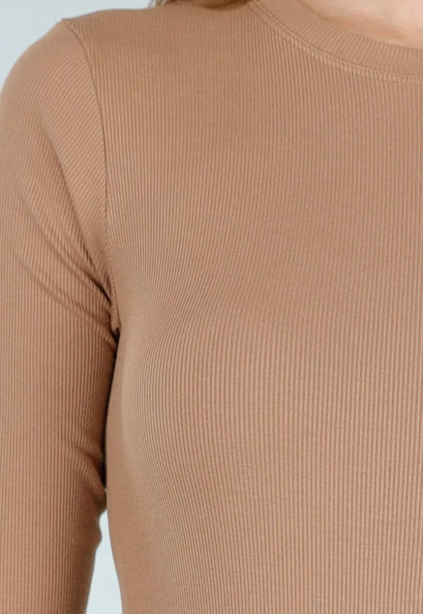 Camelbruine Rib Body met Lange Mouwen en Stretch