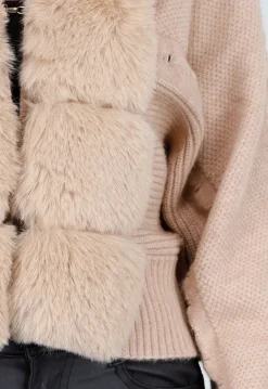 Camel Gebreide Cardigan met Faux Fur Kraag