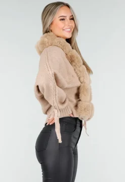 Camel Gebreide Cardigan met Faux Fur Kraag
