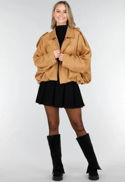Camel Jas met Suède Look en Oversized Pasvorm