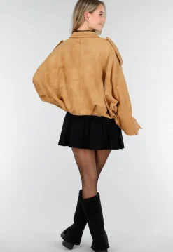 Camel Jas met Suède Look en Oversized Pasvorm