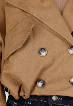 Camelkleurige Cropped Jas met Oversized Mouwen en Knopen