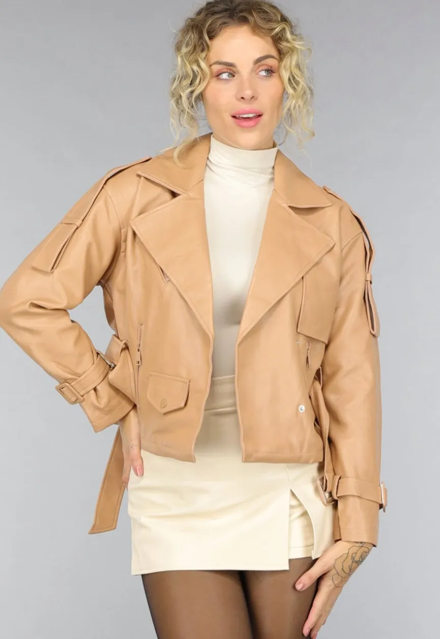 Camel Lederlook Jas met Gesp Details