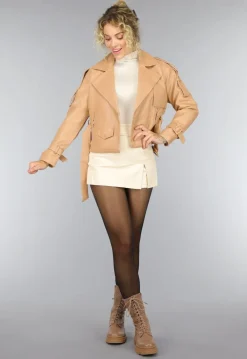 Camel Lederlook Jas met Gesp Details