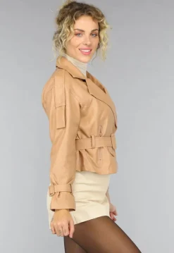 Camel Lederlook Jas met Gesp Details