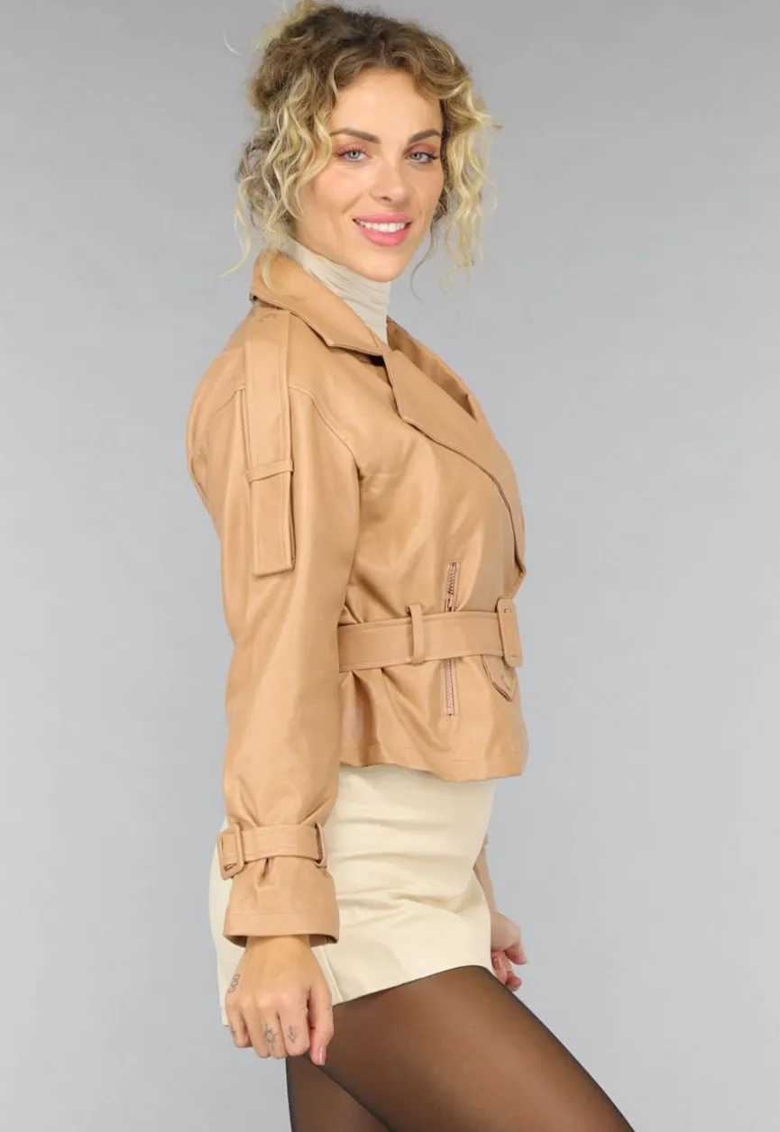 Camel Lederlook Jas met Gesp Details