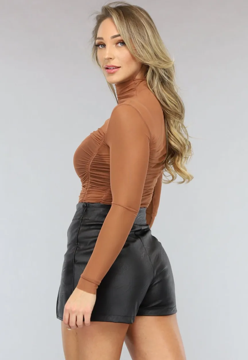 Camel Mesh Bodysuit met Plooitjes