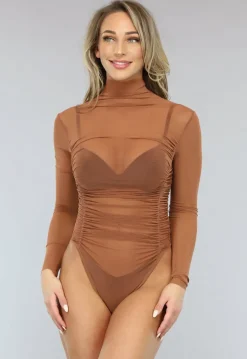 Camel Mesh Bodysuit met Plooitjes