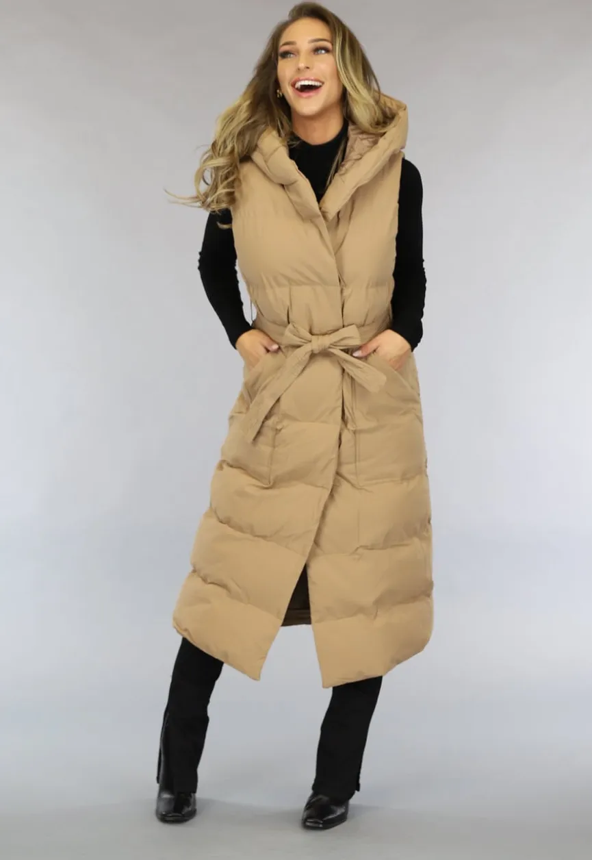 Camel Oversized Bodywarmer met Ceintuur