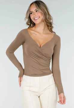 Camel Top met Lange Mouwen en Plooidetail