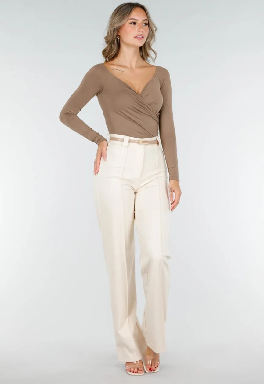 Camel Top met Lange Mouwen en Plooidetail
