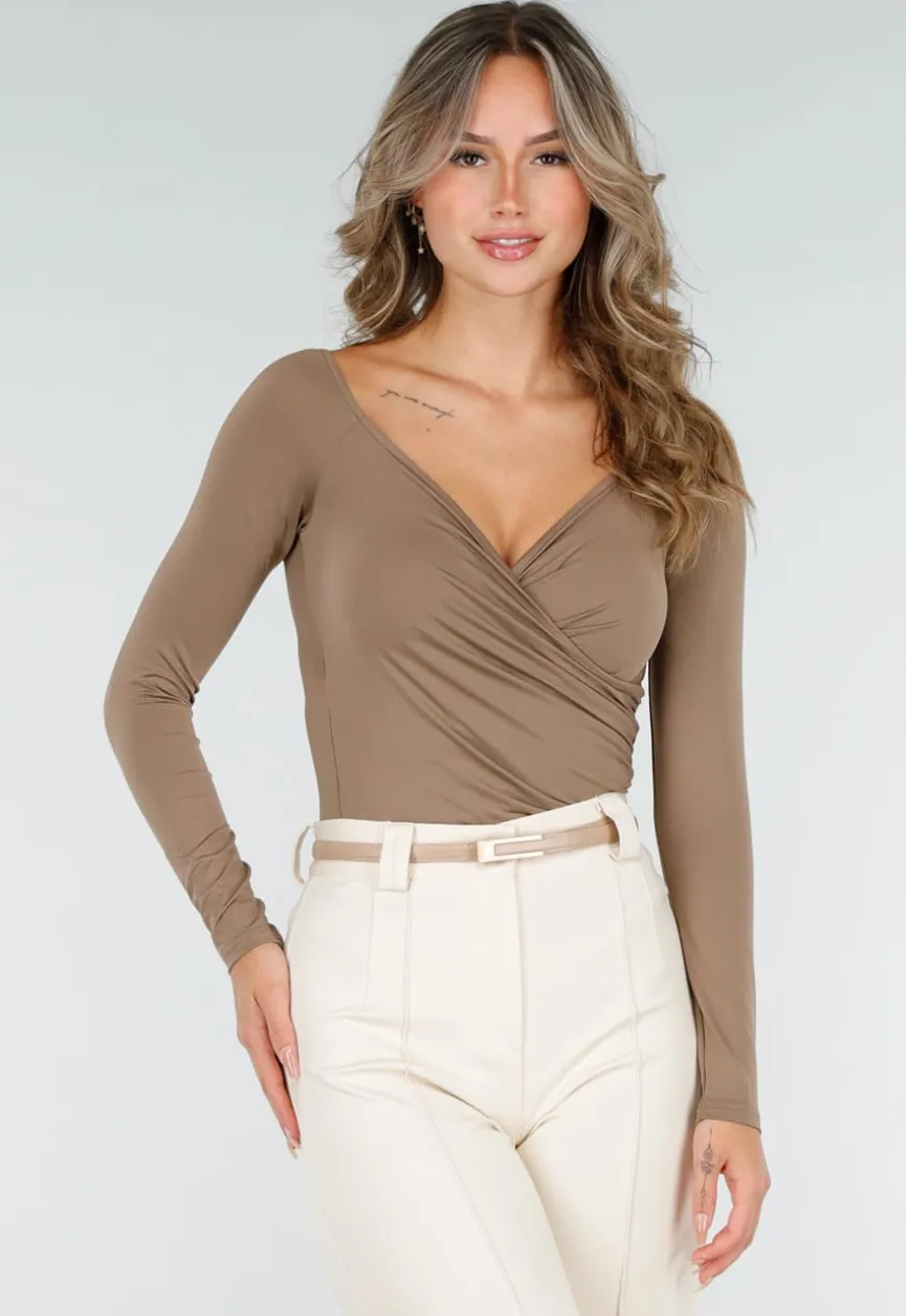 Camel Top met Lange Mouwen en Plooidetail