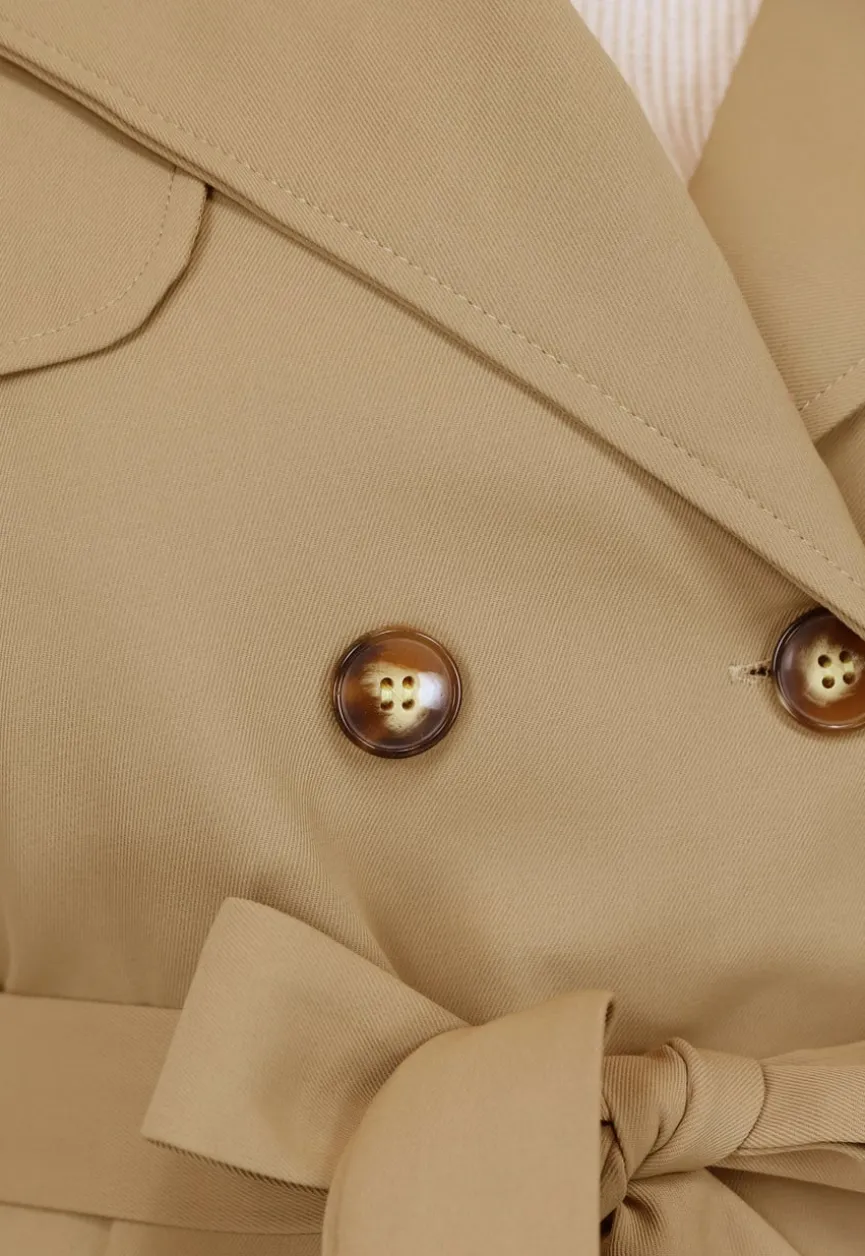 Camel Trenchcoat met Ceintuur en Knoopsluiting