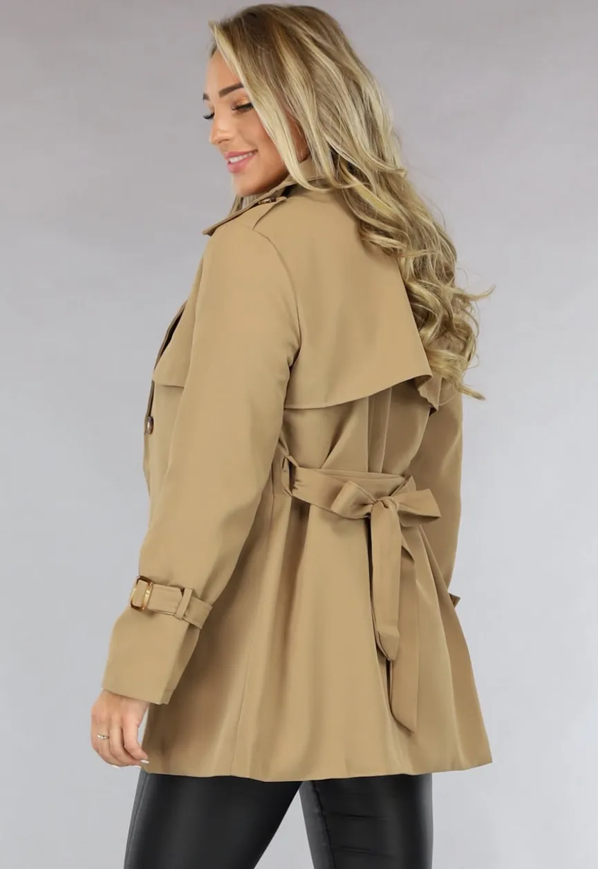 Camel Trenchcoat met Ceintuur en Knoopsluiting