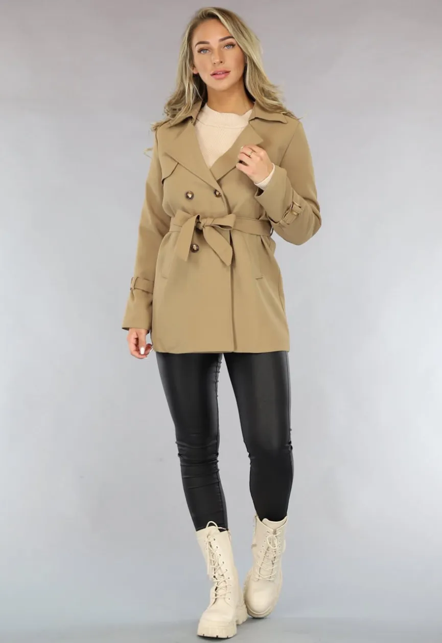 Camel Trenchcoat met Ceintuur en Knoopsluiting