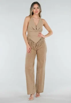 Camel Wide Leg Jeans met Strass en Hoge Taille