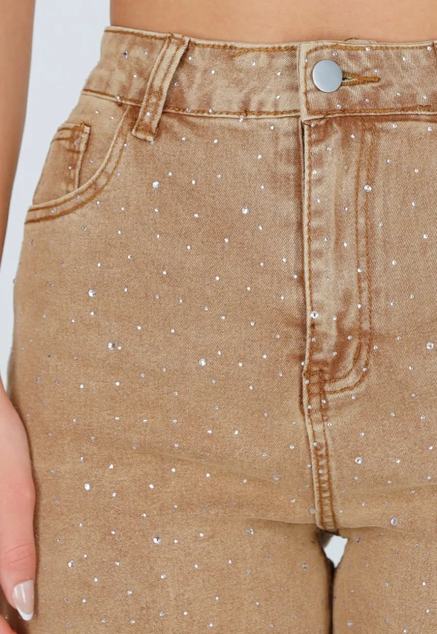 Camel Wide Leg Jeans met Strass en Hoge Taille
