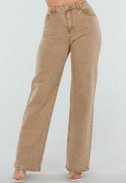Camel Wide Leg Jeans met Strass en Hoge Taille