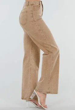Camel Wide Leg Jeans met Strass en Hoge Taille