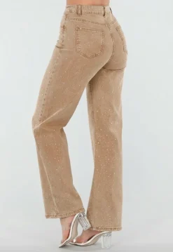 Camel Wide Leg Jeans met Strass en Hoge Taille