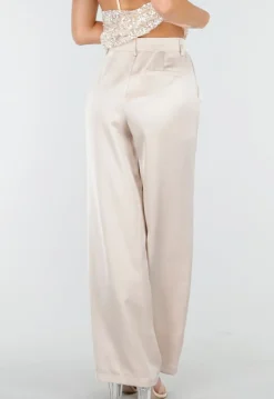 Champagnekleurige Satijnen Pantalon met Hoge Taille en Losse Pijpen