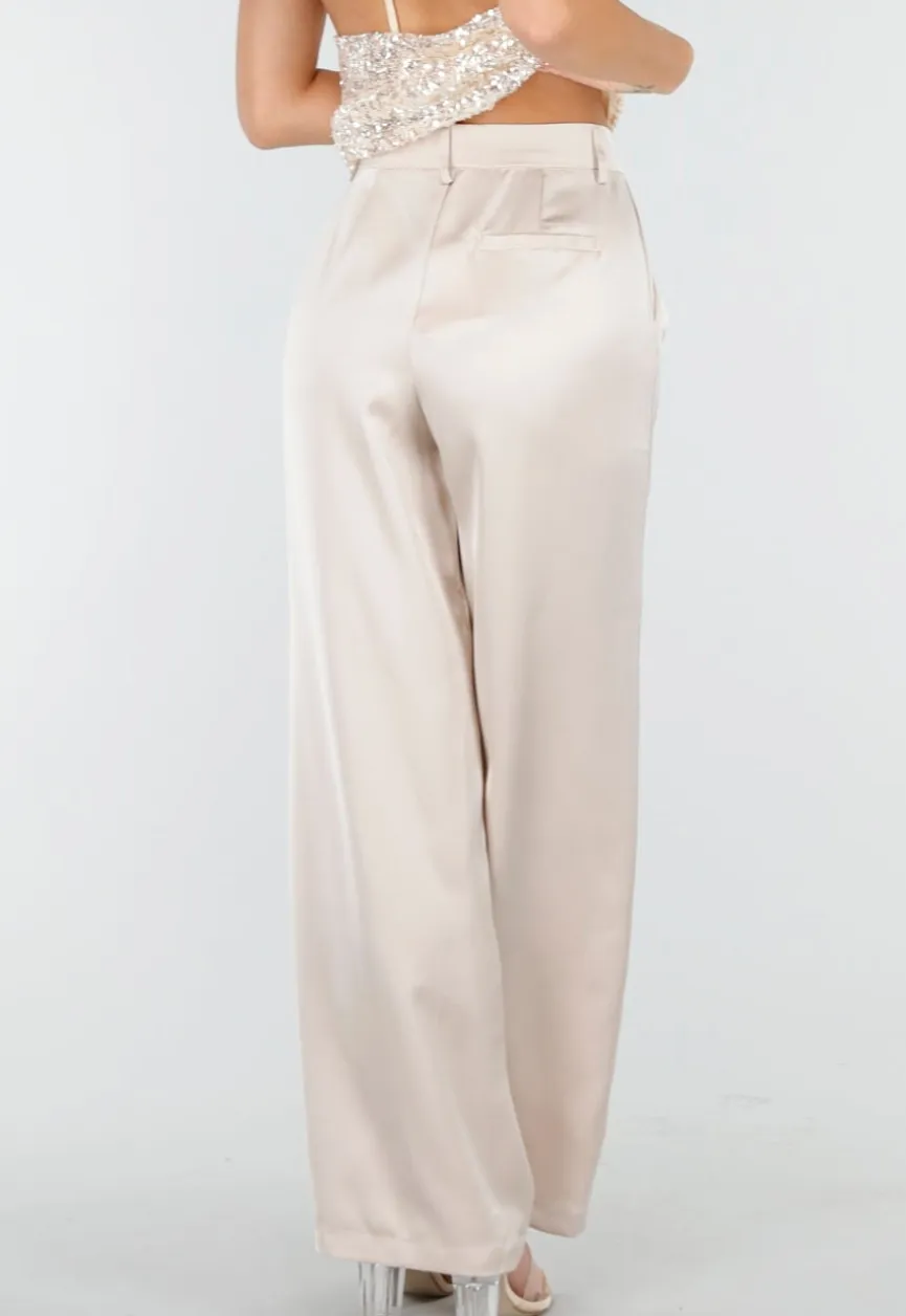Champagnekleurige Satijnen Pantalon met Hoge Taille en Losse Pijpen