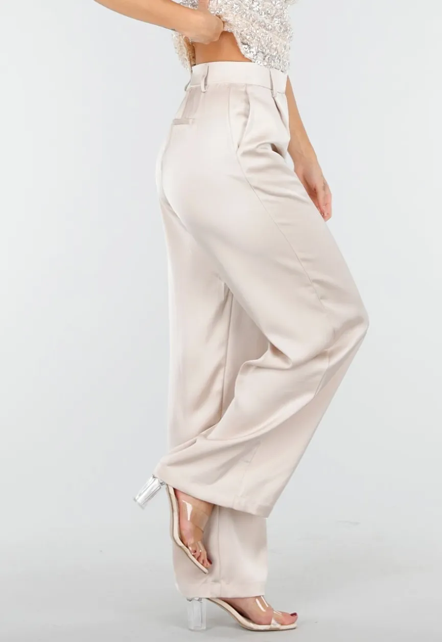 Champagnekleurige Satijnen Pantalon met Hoge Taille en Losse Pijpen