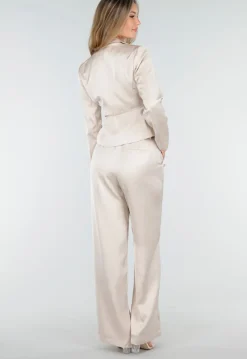 Champagnekleurige Satijnen Pantalon met Hoge Taille en Losse Pijpen