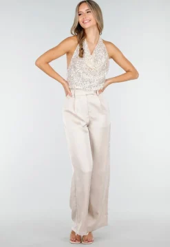 Champagnekleurige Satijnen Pantalon met Hoge Taille en Losse Pijpen