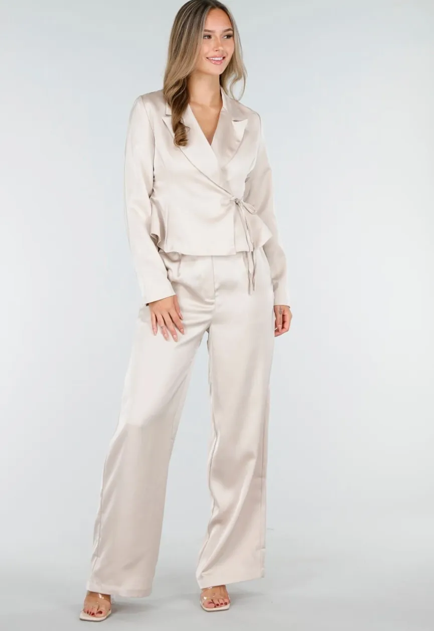 Champagnekleurige Satijnen Pantalon met Hoge Taille en Losse Pijpen