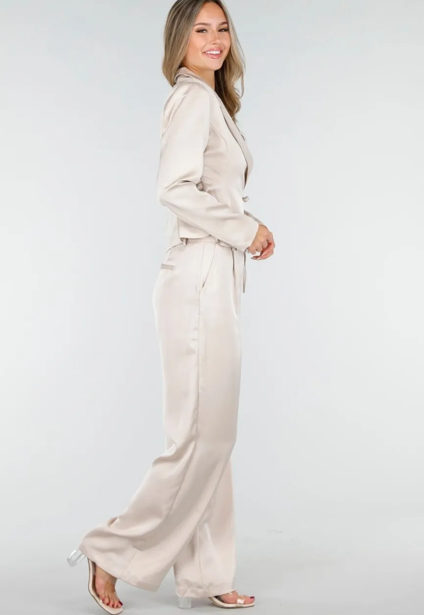 Champagnekleurige Satijnen Pantalon met Hoge Taille en Losse Pijpen