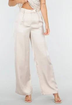 Champagnekleurige Satijnen Pantalon met Hoge Taille en Losse Pijpen