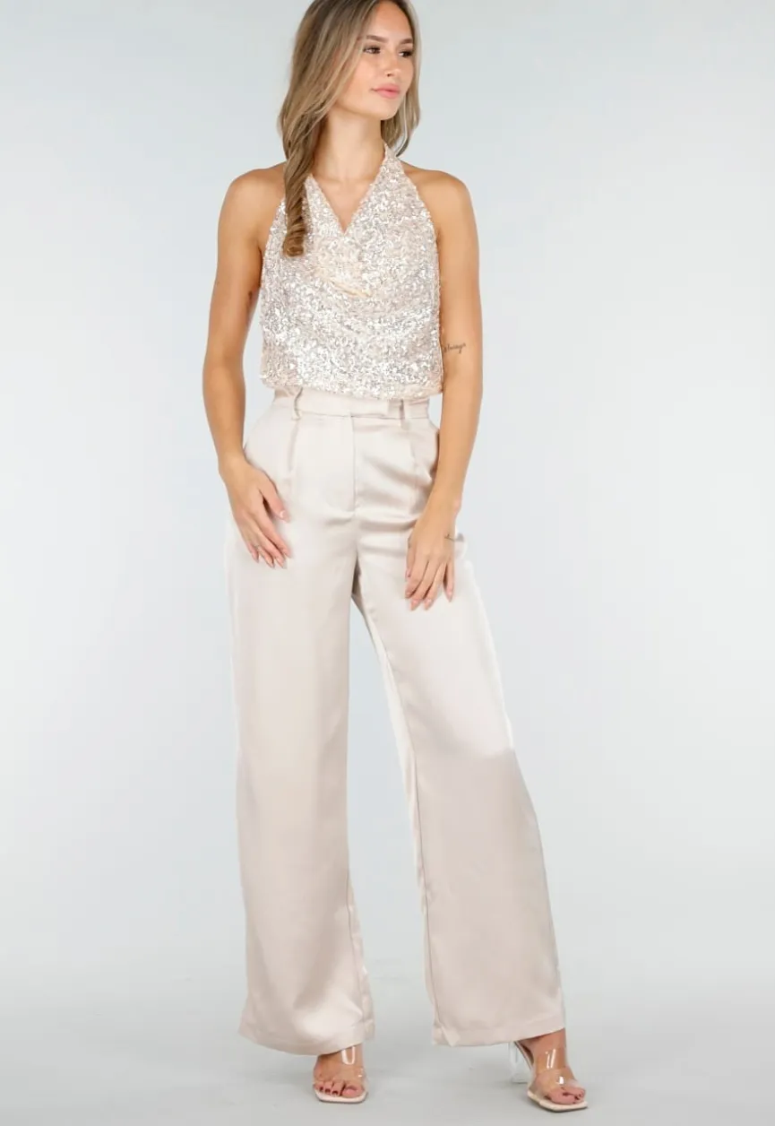 Champagnekleurige Satijnen Pantalon met Hoge Taille en Losse Pijpen