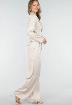 Champagnekleurige Satijnlook Wrap Blazer met Strik
