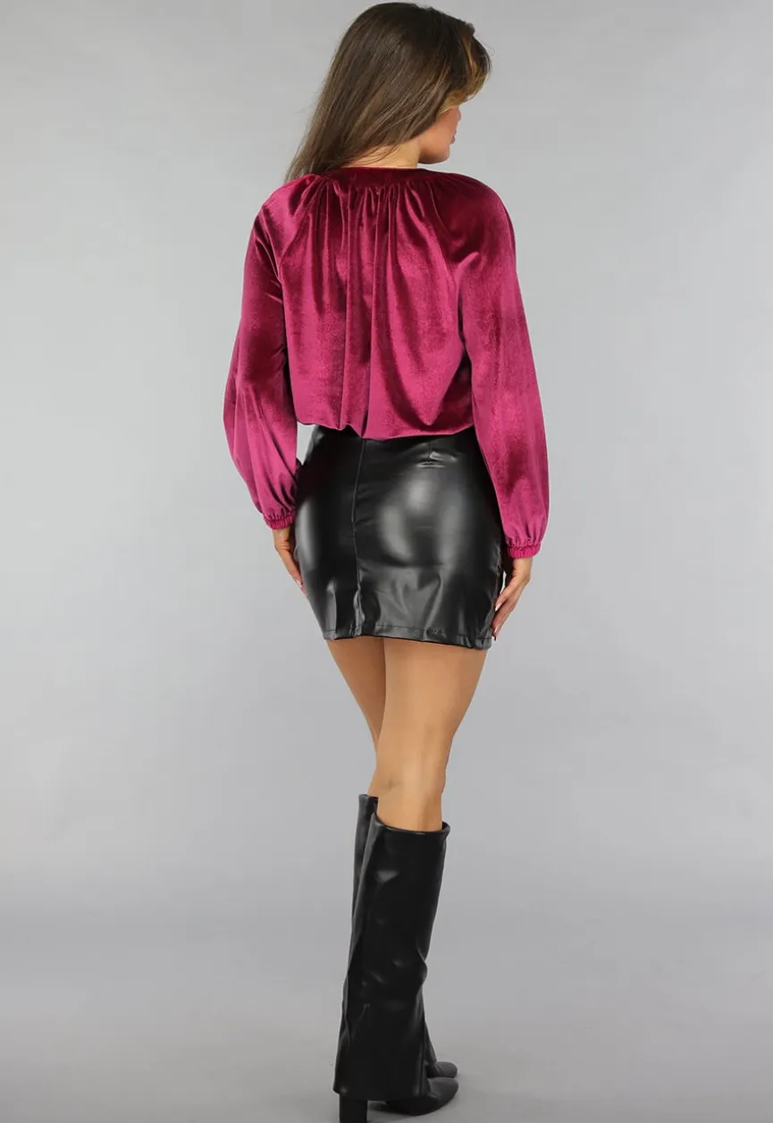 Cherry Roze Velvet Blouse met Pofmouwen