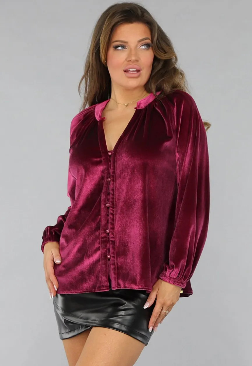 Cherry Roze Velvet Blouse met Pofmouwen